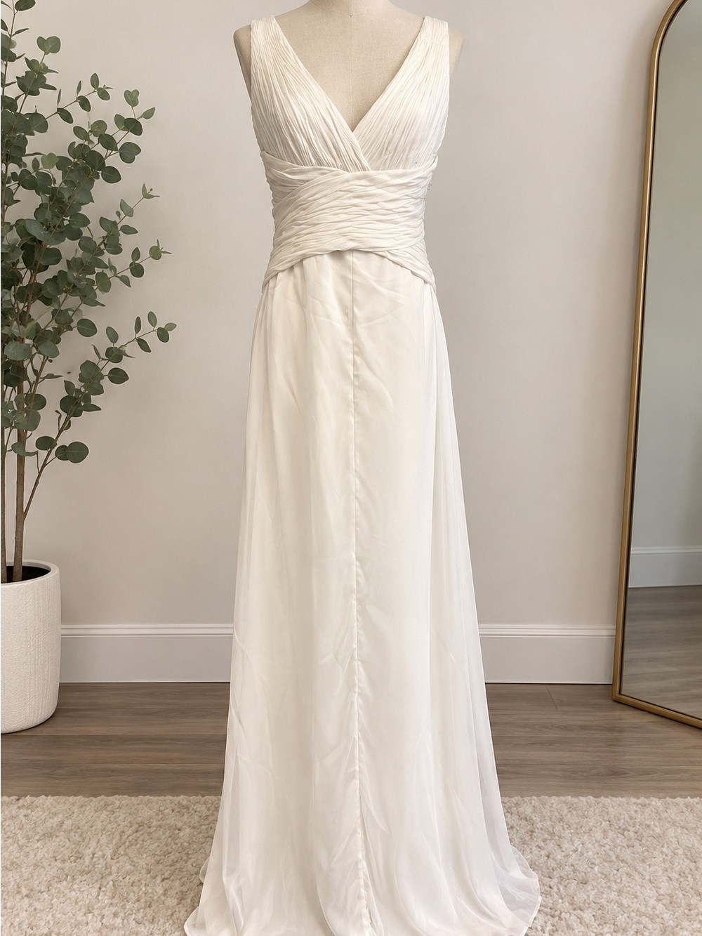 David's Bridal Cream V-Neck Pleated Waist Wedding Gown